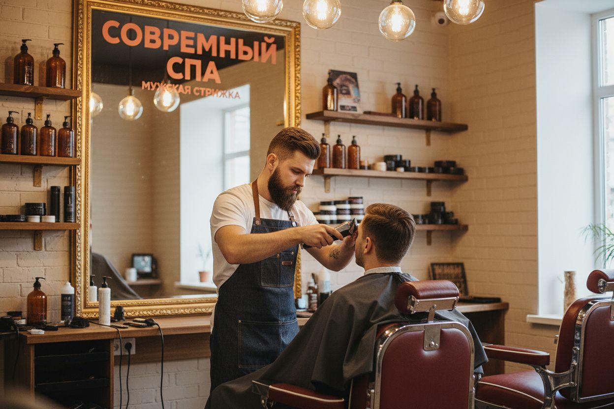 Барбер работает с клиентом в кресле — подстрижка или укладка, тёплый интерьер барбершопа с зеркалами и старинными деталями, мужская атмосфера