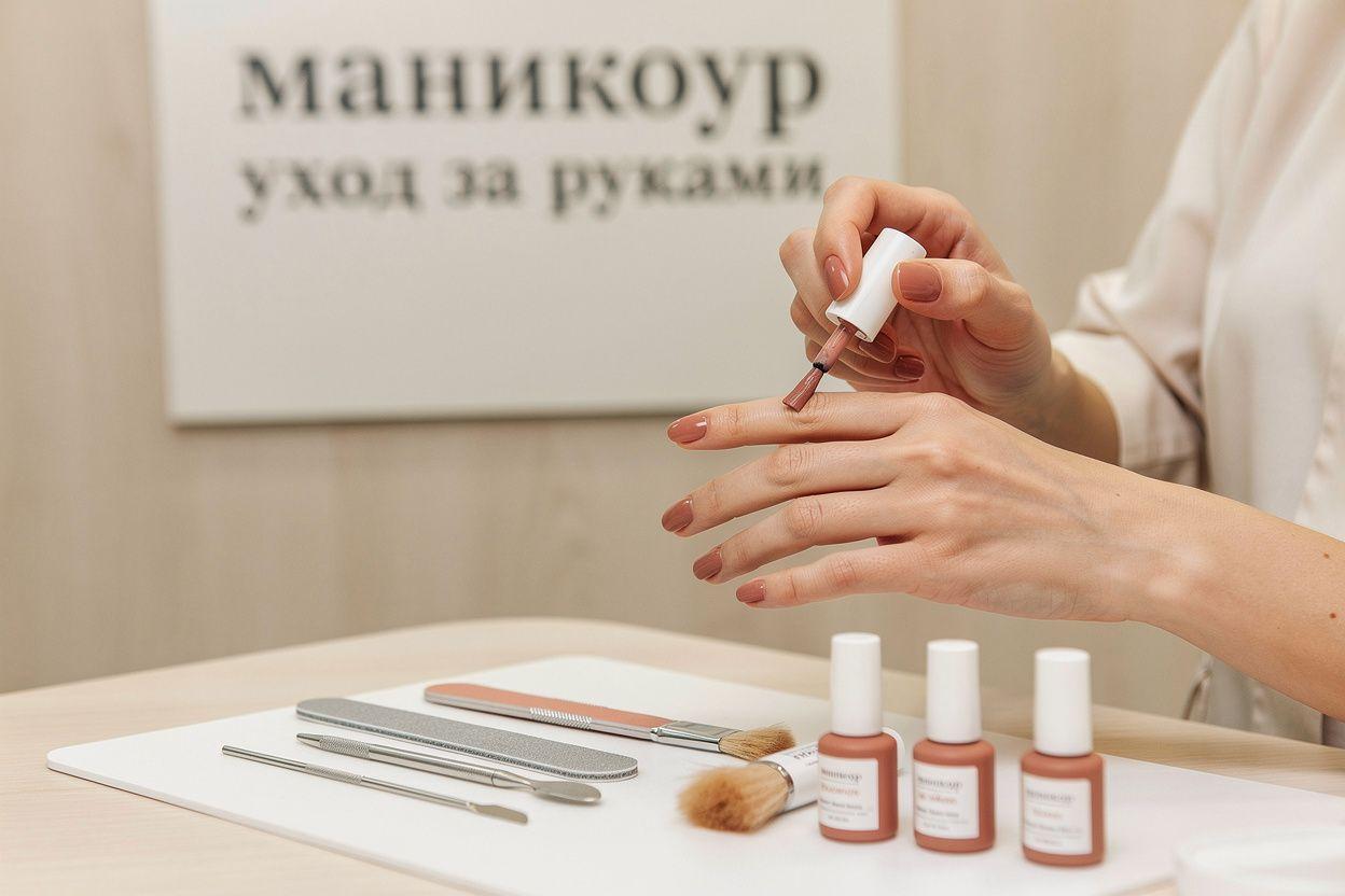 Крупный план рук мастера маникюра за работой — аккуратно нанесённое покрытие гель-лак на пальцы клиентки, тёплое студийное освещение, чистая рабочая поверхность с инструментами