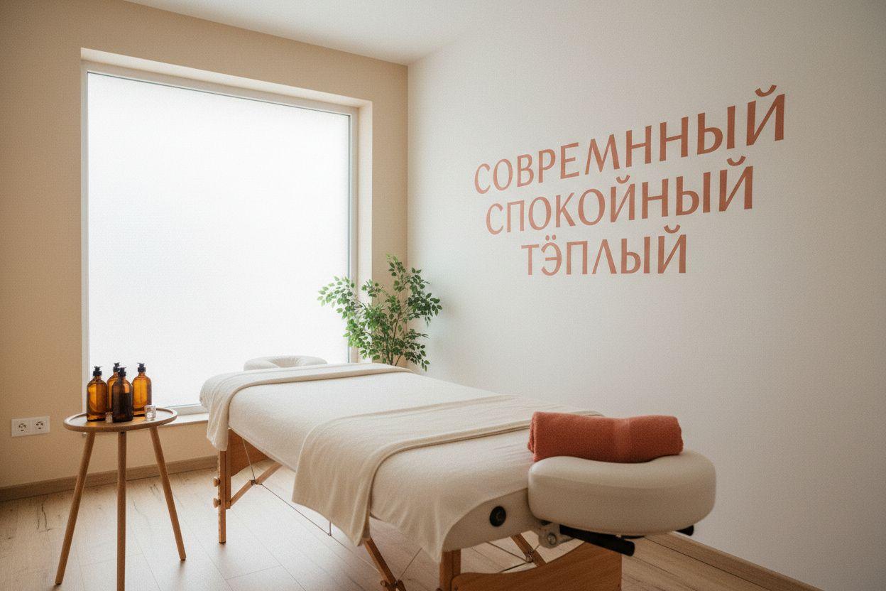 Светлый массажный кабинет — аккуратно застеленный массажный стол у окна, свежее белоснежное бельё, небольшой столик с маслами, спокойный дневной свет
