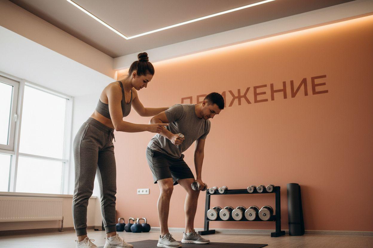 Персональный тренер работает с клиентом в небольшом зале — тренер показывает технику упражнения, светлый минималистичный интерьер тренировочного пространства