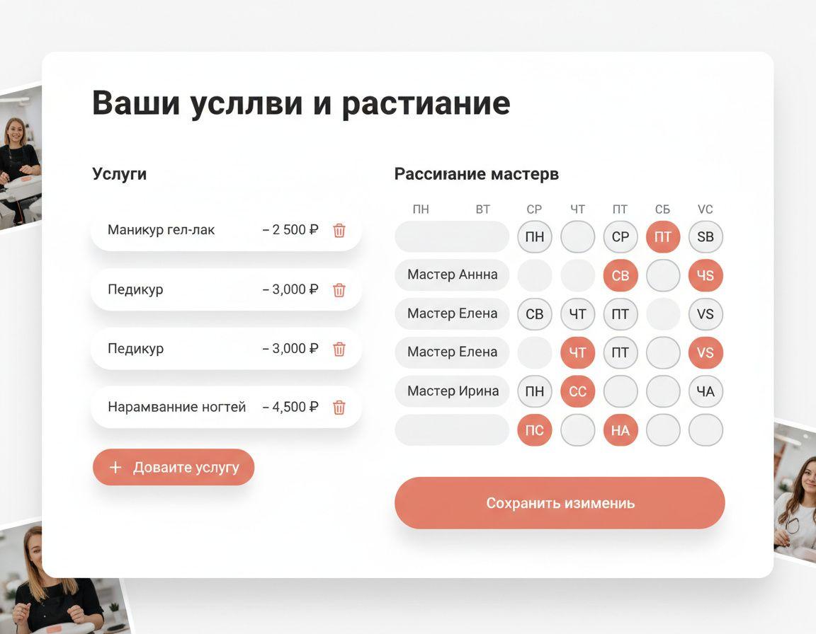 Скриншот раздела настройки услуг в личном кабинете Пульса — список услуг с ценами, поле расписания мастеров по дням недели, простой и аккуратный интерфейс