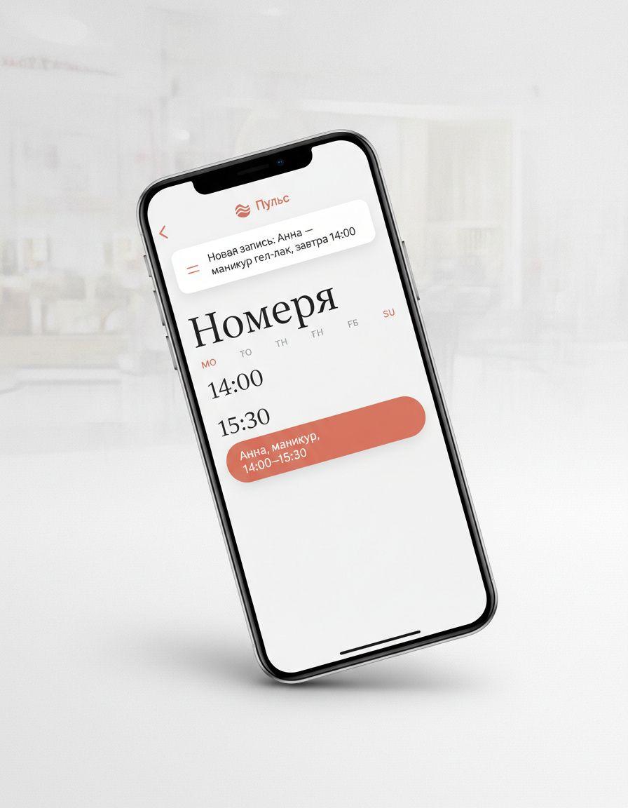 Экран смартфона с уведомлением от Пульса: «Новая запись: Анна — маникюр гель-лак, завтра в 14:00» и ниже открытый экран приложения с заполненным слотом в календаре на завтра